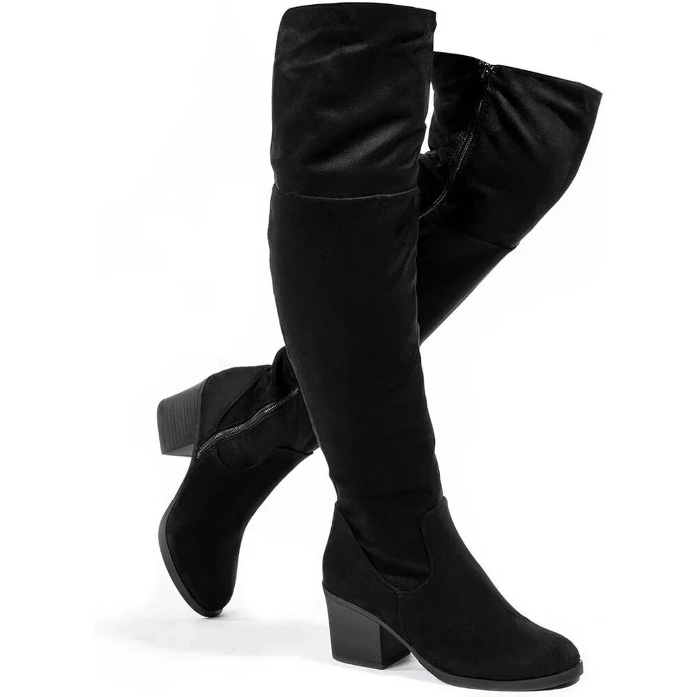 Women's Black Thigh High Boots Stacked Block Heel Over The Knee Boots Rubber